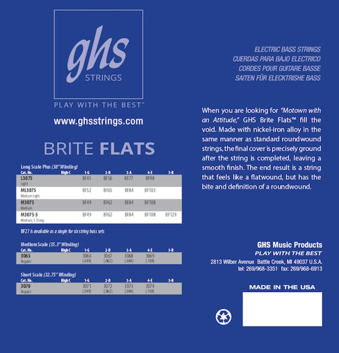 GHS L3075 Bass Brite Flats Guitar Strings 45-98 Gauge