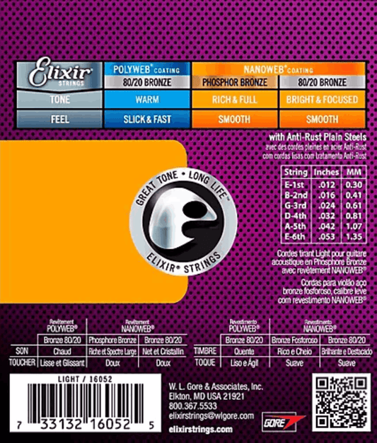 Elixir 16052 Nanoweb Phosphor Bronze Acoustic Guitar Strings Lite 12-53 Gauge
