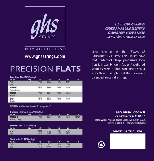 GHS 3050 Pressurewound Bass Flatwound Guitar String 55-105 Gauge