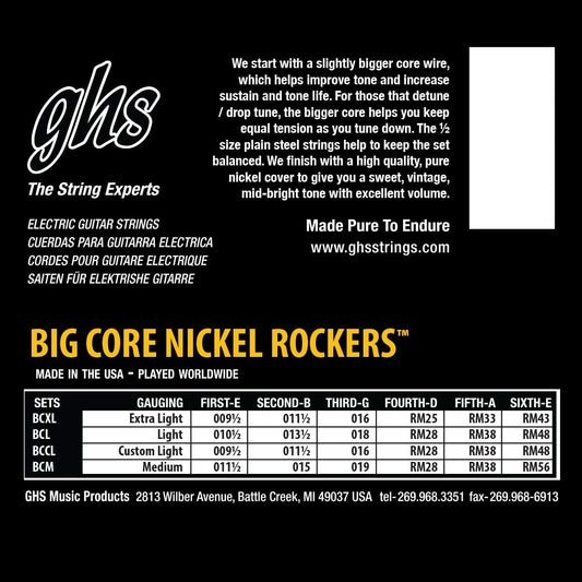 GHS BCCL Big Core Nickel Rockers Electric Guitar Strings 9.5-48 Gauge