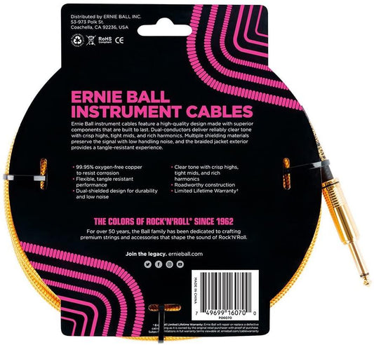 Ernie Ball Braided Straight to Angle Instrument Cable 25 foot in Gold