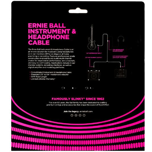 Ernie Ball 18' Instrument & Headphone Cable in Black