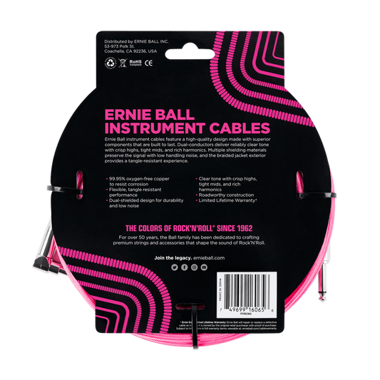 Ernie Ball Braided Straight R to Angle Instrument Cable 25 foot in Neon Pink