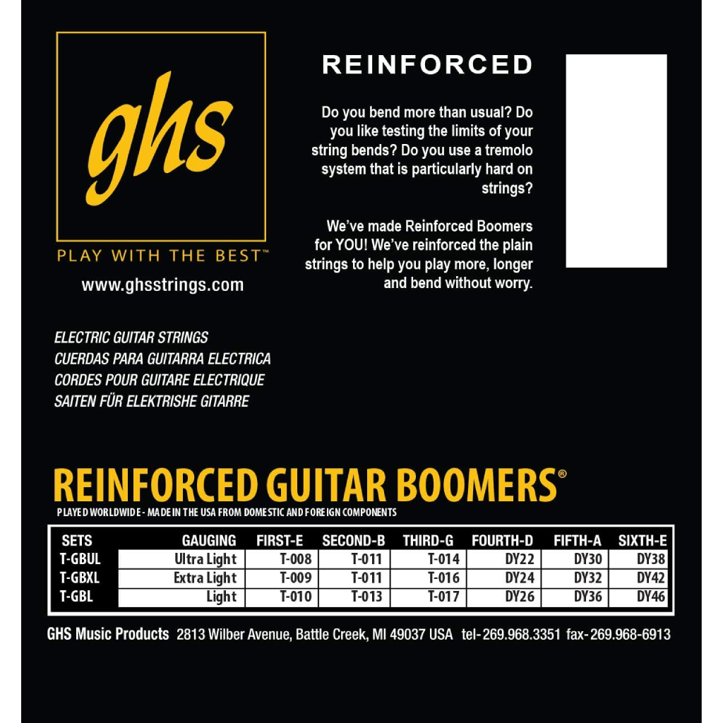 GHS TGBUL Reinforced Boomers Ultra Light Electric Guitar Strings 8-38 Gauge