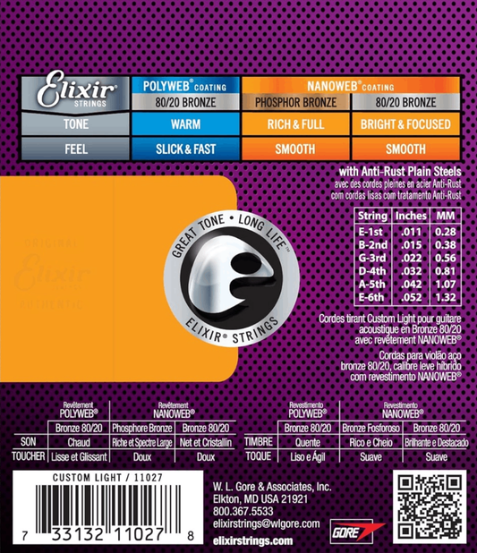 Elixir 11027 Nanoweb 80/20 Bronze Acoustic Guitar Strings Custom Light 11-52 Gauge