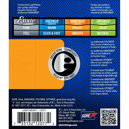 Elixir Nanoweb Coated Nickel Plated Electric Guitar Strings 12077 Light Heavy 10-52 Gauge