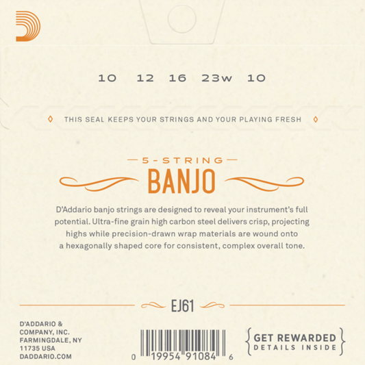 D'Addario EJ61 5 String Banjo Strings Nickel Medium 10-23