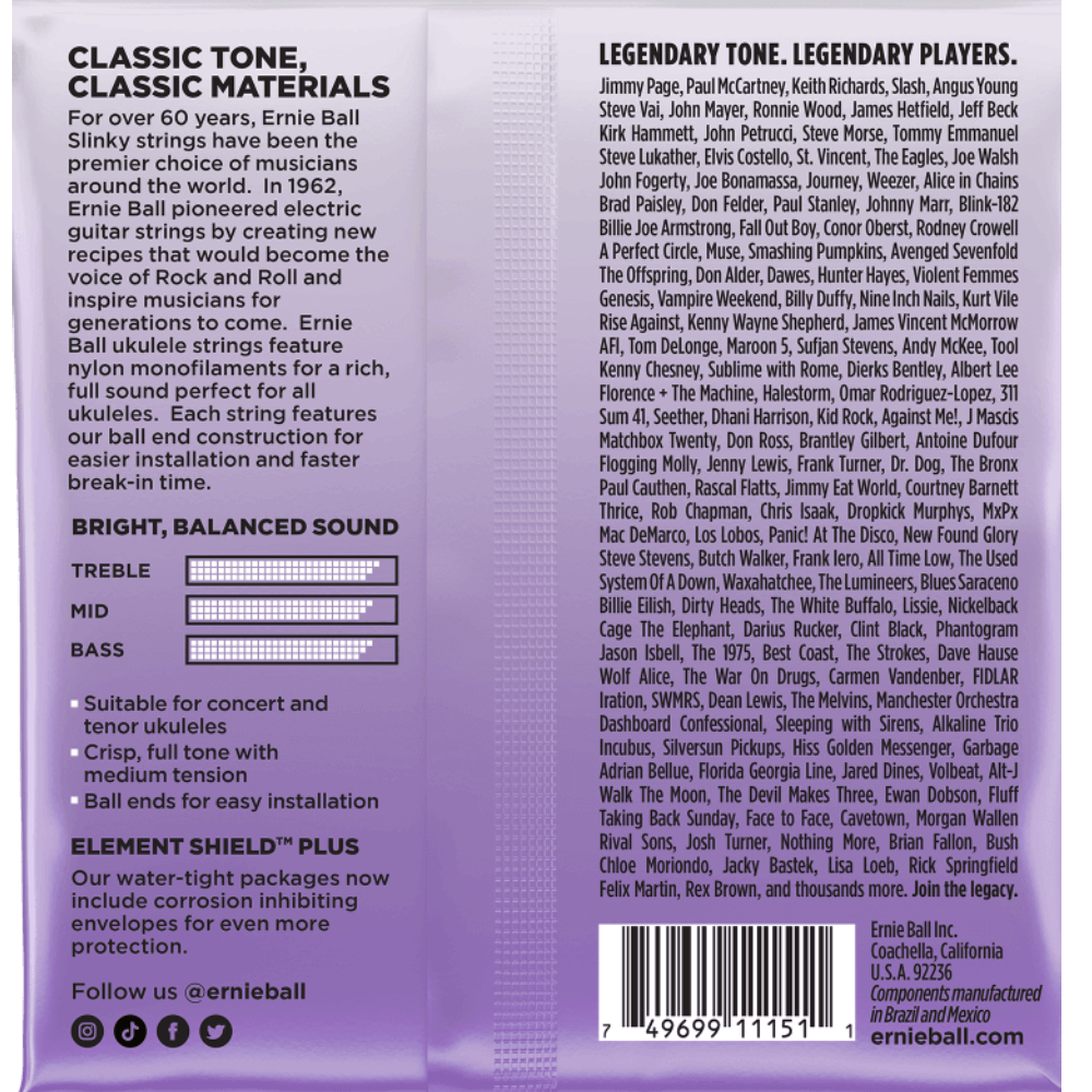 Ernie Ball Concert & Tenor Nylon Ball End Ukulele Strings Wound G Black