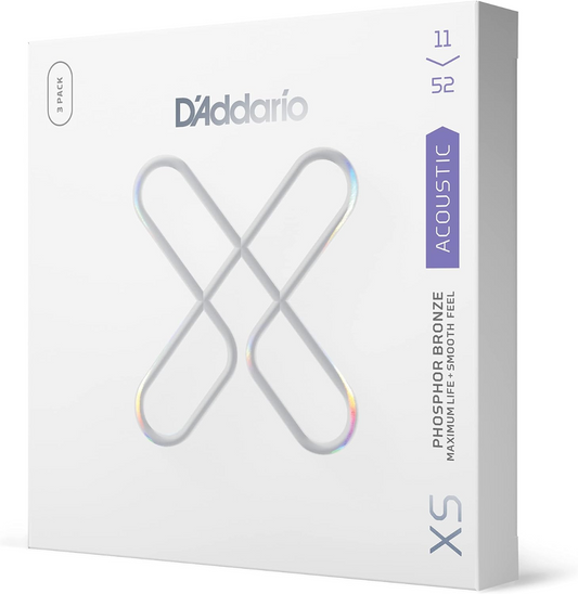 D'Addario XS Phosphor Bronze Custom Light Coated Acoustic Guitar Strings 3 Pack 11-52 Gauge