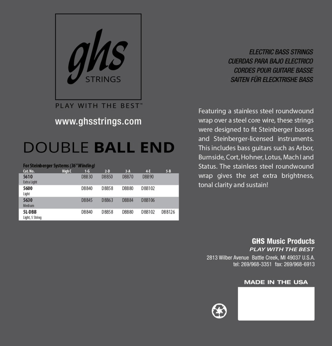 GHS 5600 Bass Double Ball End Guitar String 40-102 Gauge