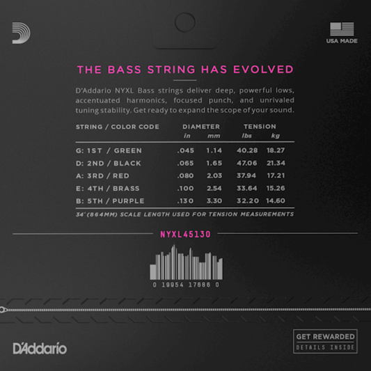 D'Addario NYXL45130 Nickel Wound Regular Light Long Scale 5-String Bass Strings 45-130 Gauge