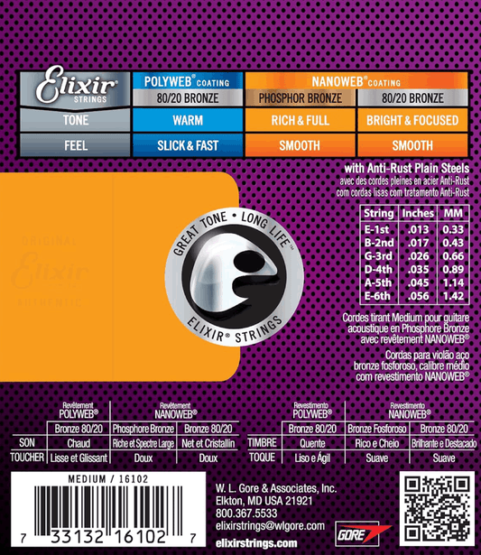 Elixir 16102 Nanoweb Phosphor Bronze Acoustic Guitar Strings Medium 13-56 Gauge