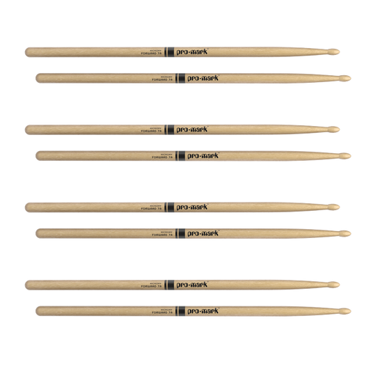 Promark Classic Forward 7A Lacquered Hickory Oval Wood Tip Drumstick 4 Pack