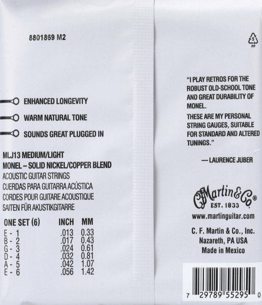 Martin Strings MLJ13 LJ's Choice Retro Acoustic Guitar Strings Medium/Light 13-56 Gauge