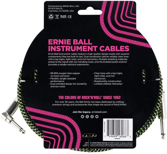 Ernie Ball Braided Straight to Angle Instrument Cable 25 foot in Neon Green Black