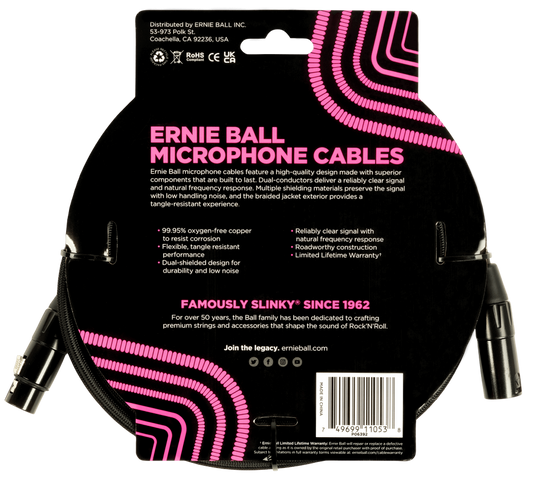 Ernie Ball 20ft Braided Male Female XLR Microphone Cable in Black