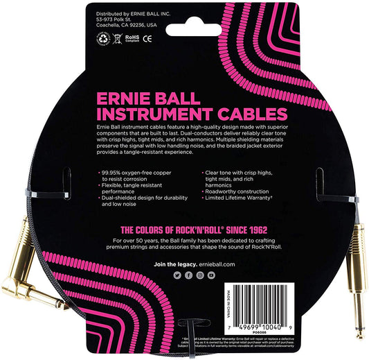 Ernie Ball Braided Straight to Angle Instrument Cable 18 foot in Black Gold Tips