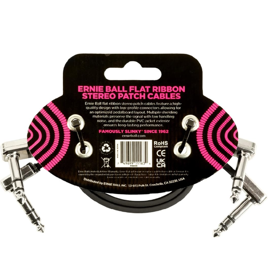 Ernie Ball 12” Flat Ribbon Stereo Patch Cable 2 Pack in Black