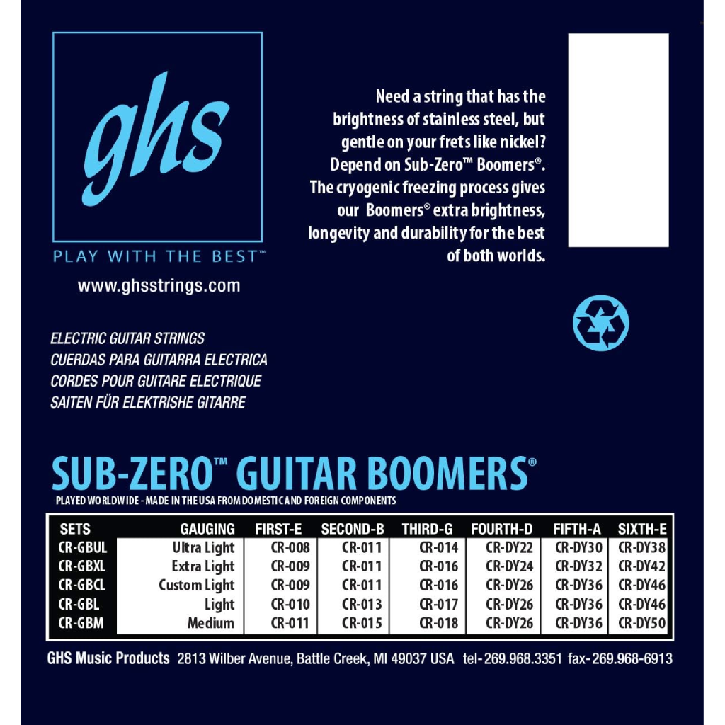 GHS CRGBCL Subzero Boomers Custom Light Electric Guitar Strings 9-46 Gauge