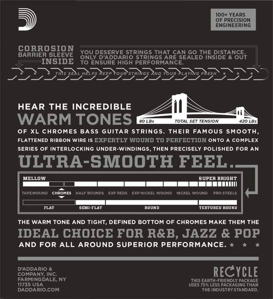 D'Addario ECB81 Chromes Regular Light Long Scale Bass Strings 45-100 Gauge