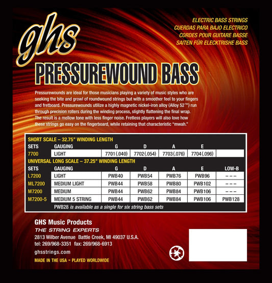 GHS L7200 Pressurewound Bass Guitar Strings 40-96 Gauge