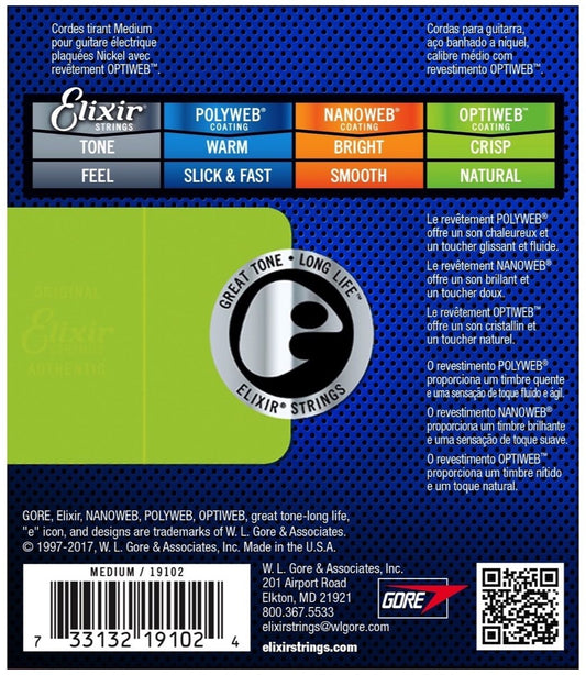 Elixir 19102 Optiweb Electric Guitar Strings Medium 11-49 Gauge