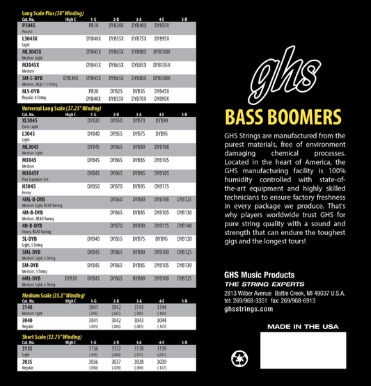 GHS L3045X Extra Long Scale Bass Boomers Strings Light 40-95 Gauge