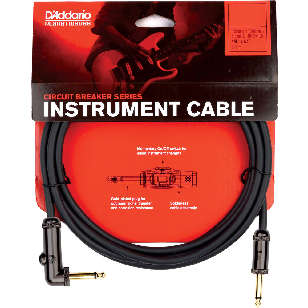 D'Addario Planet Waves 10' Circuit Breaker Instrument Right Angle Plug Latching Switch Cable in Black