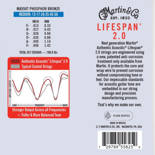 Martin Strings MA550T Authentic 92/8 Phosphor Bronze Guitar Strings Medium 13-56 Gauge