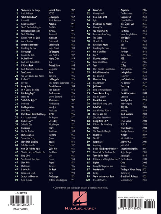 VH1 100 Greatest Hard Rock Songs Easy Guitar