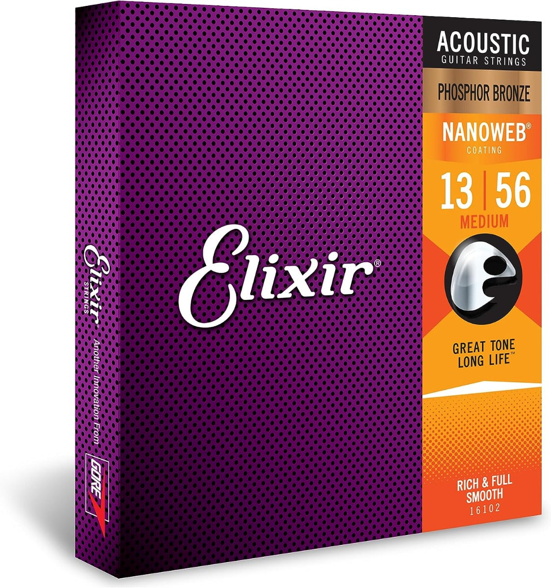 Elixir 16102 Nanoweb Phosphor Bronze Acoustic Guitar Strings Medium 13-56 Gauge