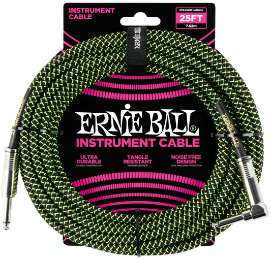 Ernie Ball Braided Straight to Angle Instrument Cable 10 foot in Black Green