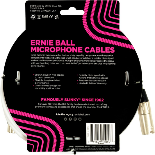 Ernie Ball 20ft Male Female XLR Microphone Cable in White