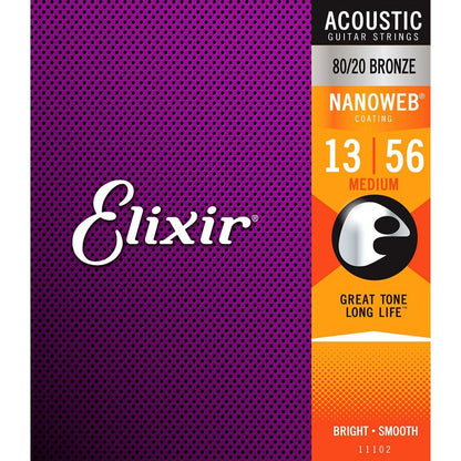 Elixir 11102 Nanoweb 80/20 Acoustic Guitar Strings Medium 13-56 Gauge