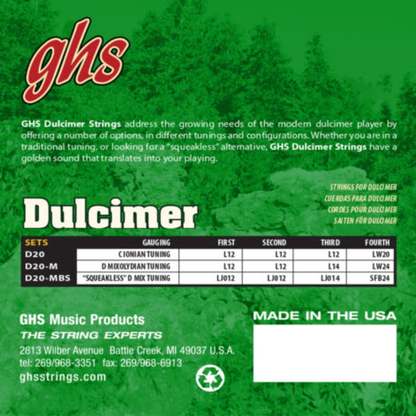 GHS D20  Dulcimer Stainless Steel Strings Ionian Tuning Loop End 12-20 Gauge