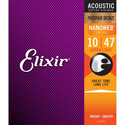 Elixir 16002 Nanoweb Phosphor Bronze Acoustic Guitar Strings Extra Light 10-47 Gauge