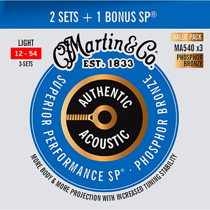 Martin Authentic Phosphor Bronze Acoustic SP Guitar Strings Value Pack 3 Sets 12-54 Gauge