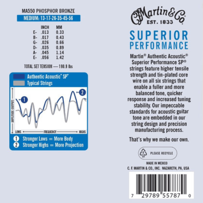 Martin Strings MA550 Authentic Acoustic SP 92/8 Phosphor Bronze Guitar String 13-56 Gauges