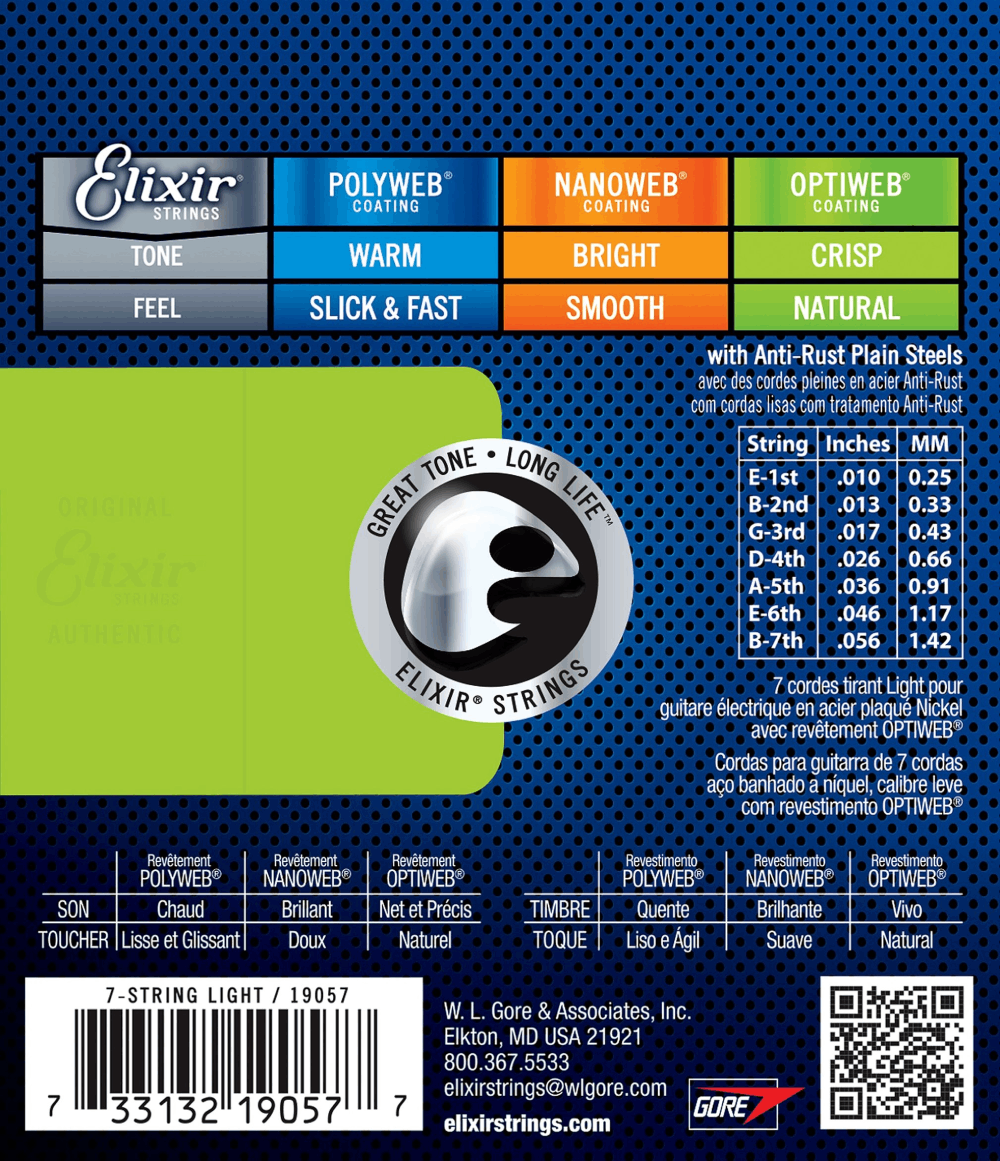 Elixir 19057 Optiweb 7 String Electric Guitar Strings Lite 10-56 Gauge