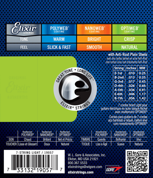 Elixir 19057 Optiweb 7 String Electric Guitar Strings Lite 10-56 Gauge