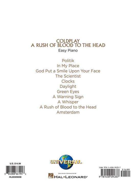 Coldplay A Rush Of Blood To The Head Easy Piano