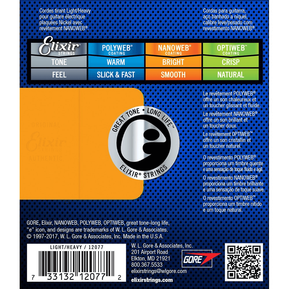Elixir Nanoweb Coated Nickel Plated Electric Guitar Strings 12077 Light Heavy 10-52 Gauge