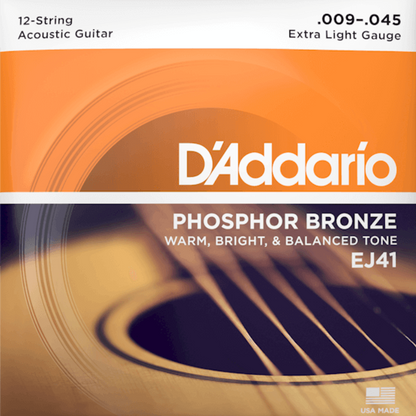 D'Addario EJ41 12 String Phosphor Bronze Acoustic Guitar Strings Extra Light 9-45 Gauge