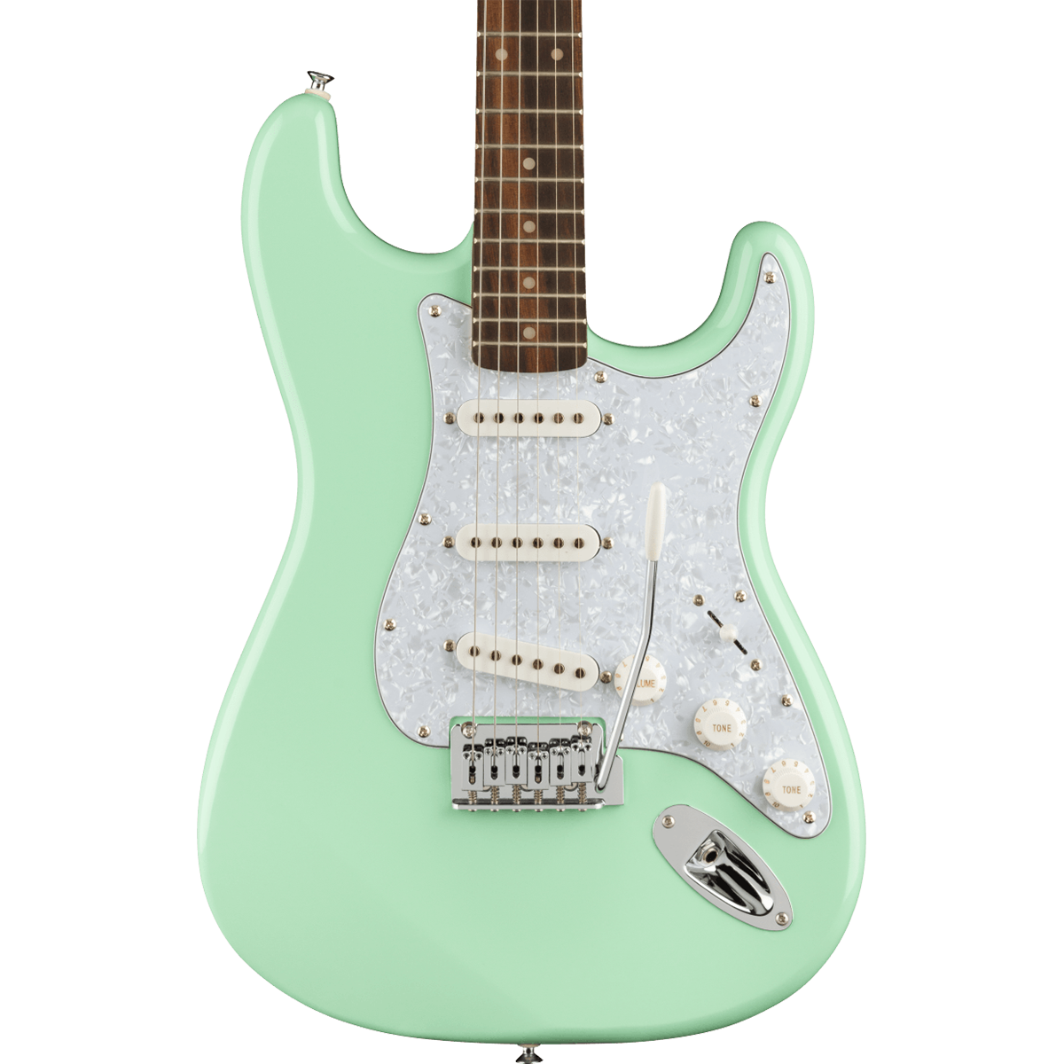 Squier FSR Affinity Series Stratocaster, Laurel Fingerboard, White Pearloid Pickguard in Surf Green