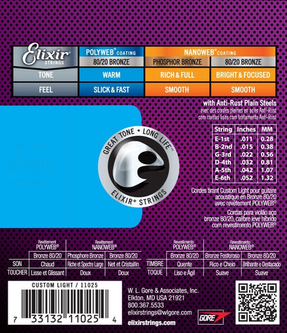 Elixir 11025 Polyweb 80/20 Bronze Acoustic Guitar Strings Custom Light 11-52 Gauge