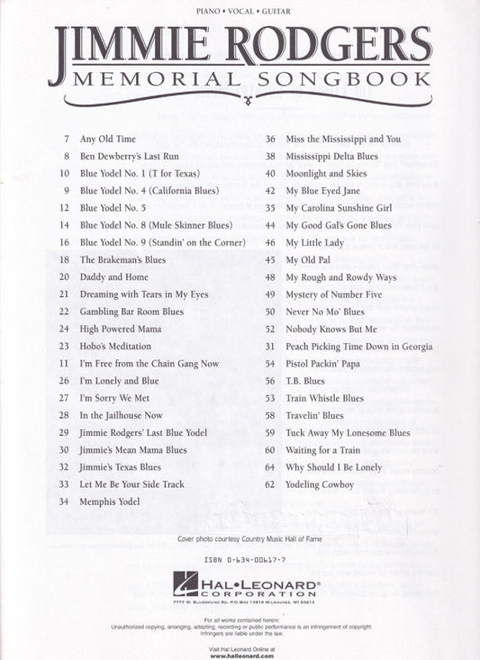 Jimmie Rodgers Memorial Songbook Fakebook PVG