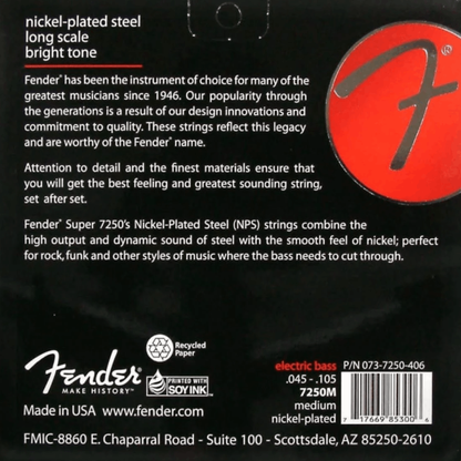 Fender 7250M Nickel Plated Long Scale Bass Strings .045-.105 Gauge