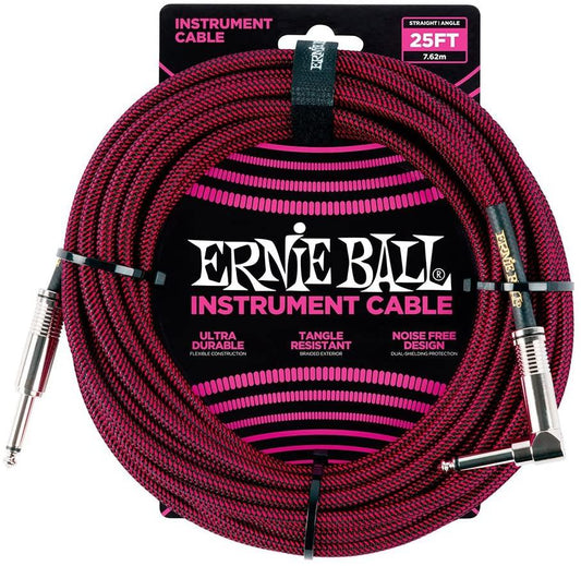 Ernie Ball P06398 Braided Straight to Straight Instrument Cable 25 foot in Red Black