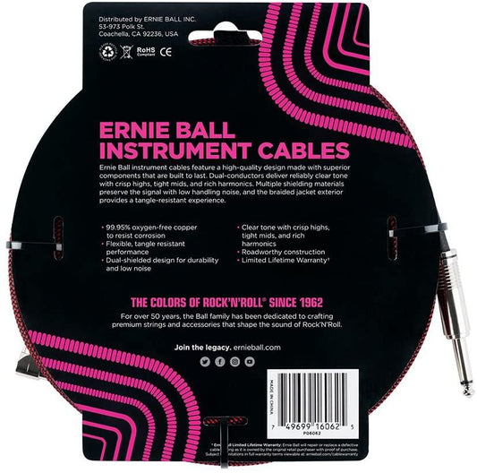 Ernie Ball P06398 Braided Straight to Straight Instrument Cable 25 foot in Red Black