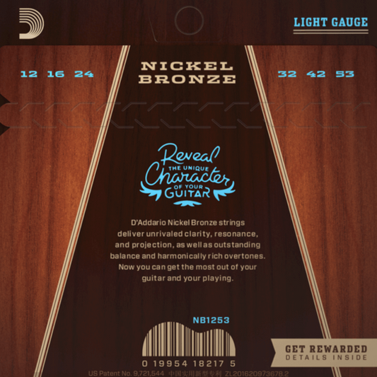 D'Addario NB1253 Nickel Bronze Acoustic Guitar Strings Light 12-53 Gauge